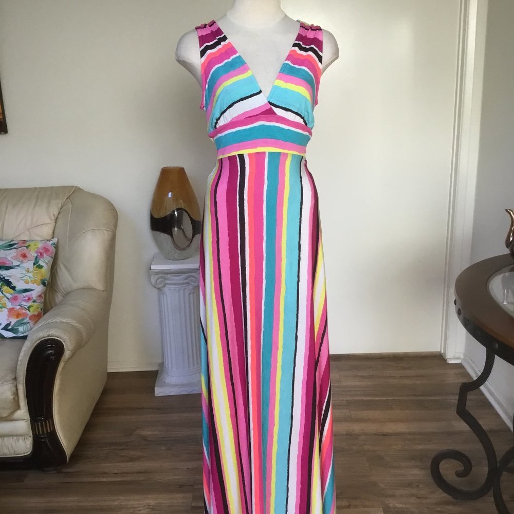 IPONA Multicolor Striped Maxi Long Dress Cutout Sleeveless A-Line Colorful S